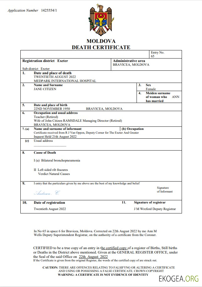 Modèle Word et PDF de certificat de décès en Moldavie